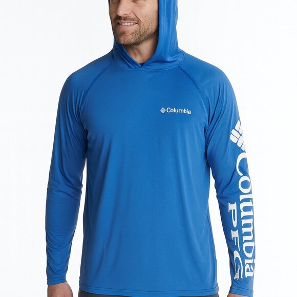 Columbia PFG Blue Hooded Pullover Size S Long Sleeve Fishingcore Activewear - Picture 1 of 15
